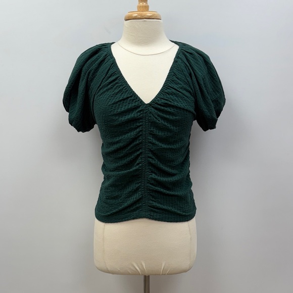 NWT Ann Taylor LOFT Seersucker Cinched Bubble Sleeve Ruched Top Green Small - Picture 2 of 9